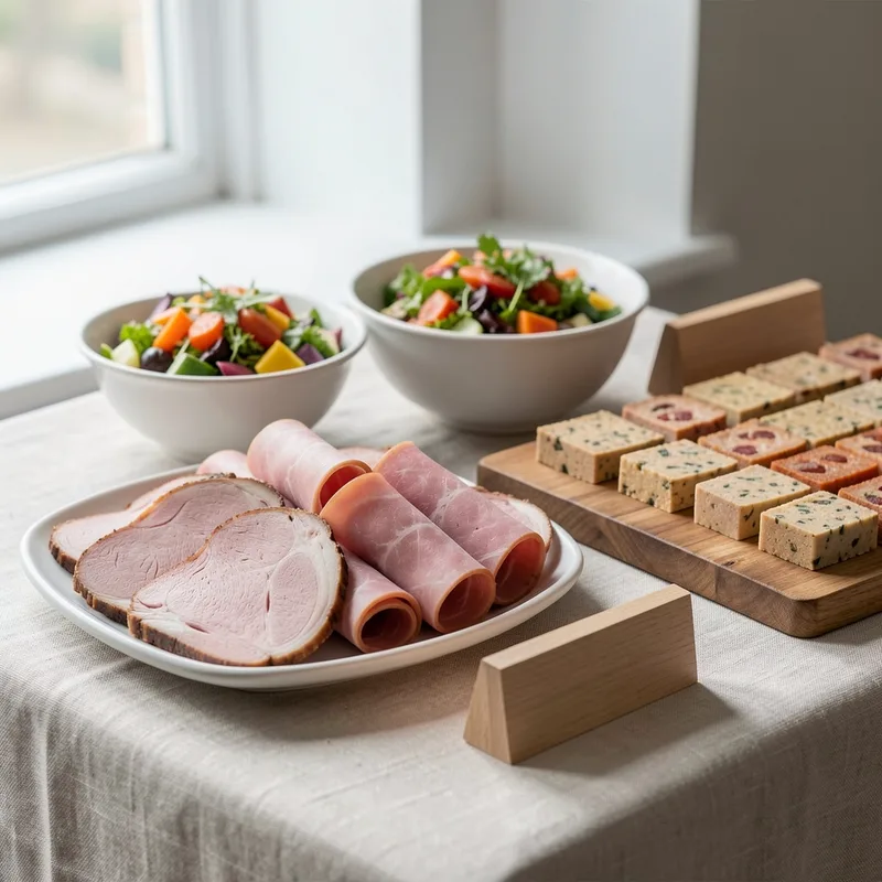 Table de buffet froid dressée avec plateaux de charcuterie et salades composées