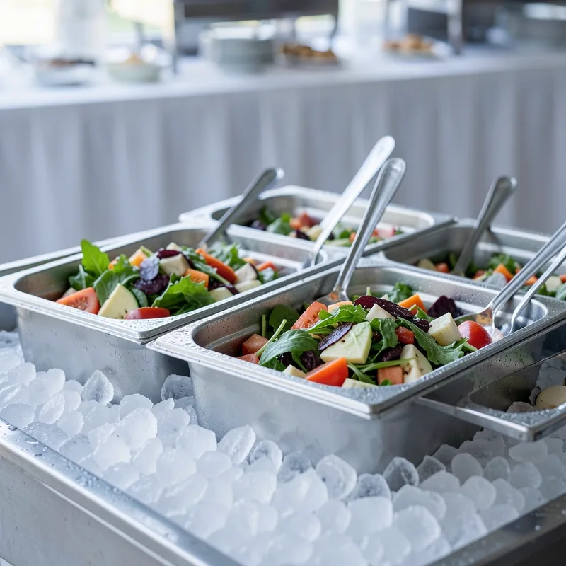 Bacs de salades composées maintenus au frais sur lit de glace pilée