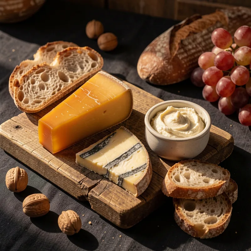 Planche de fromages du Jura, Comté et Morbier, avec pain de campagne tranché