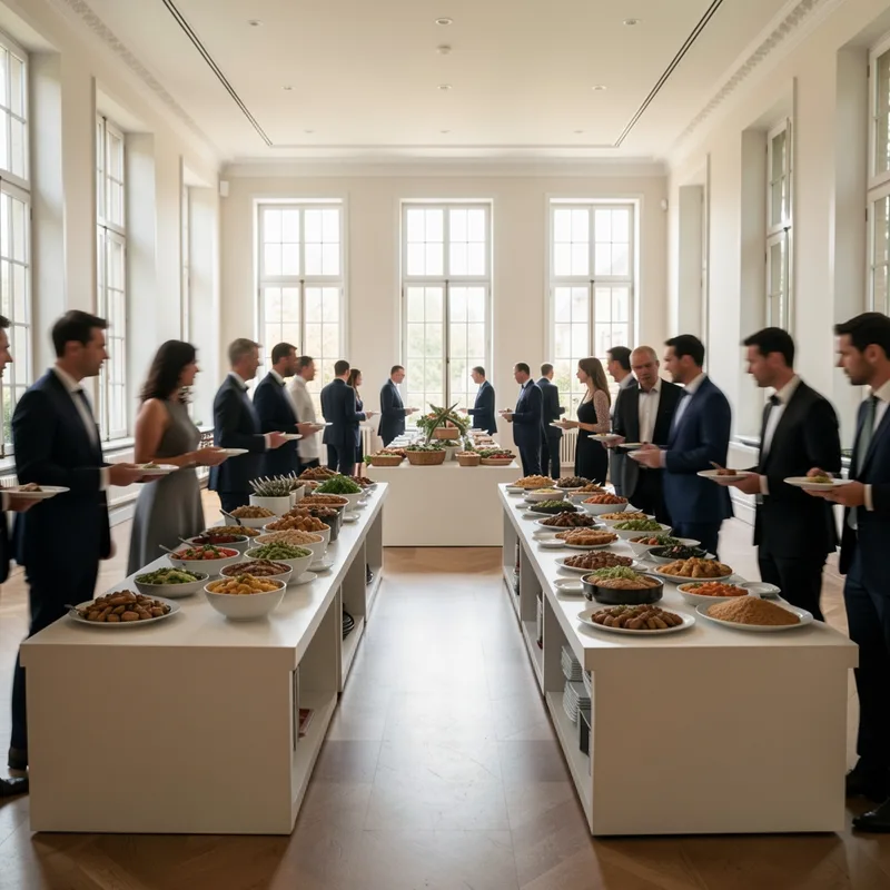 Convives se servant le long d&rsquo;une table de buffet accessible des deux côtés