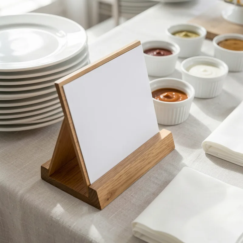 Fiche allergènes posée au départ d&rsquo;un buffet, à côté des assiettes empilées