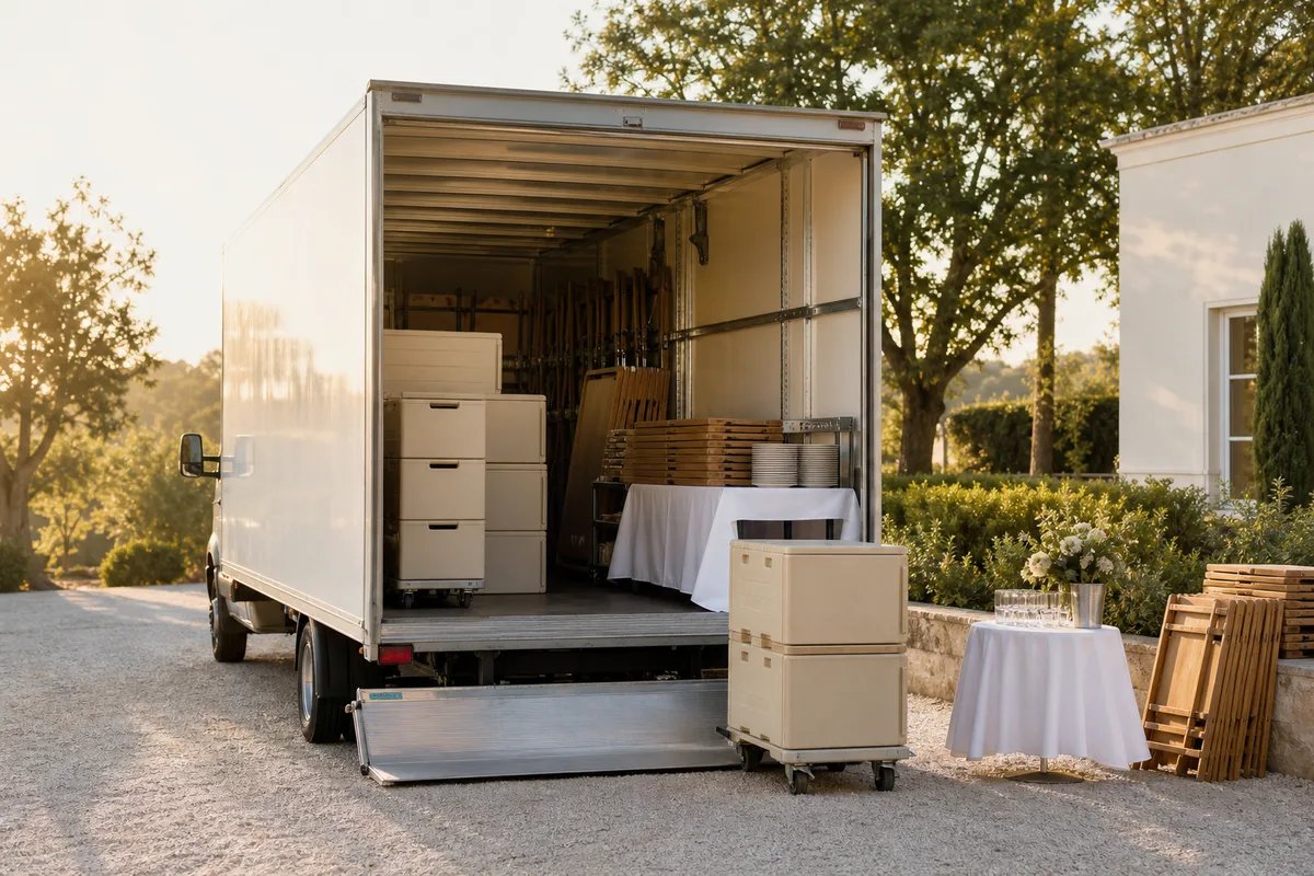 Camion de livraison ouvert avec caisses isothermes et matériel de réception