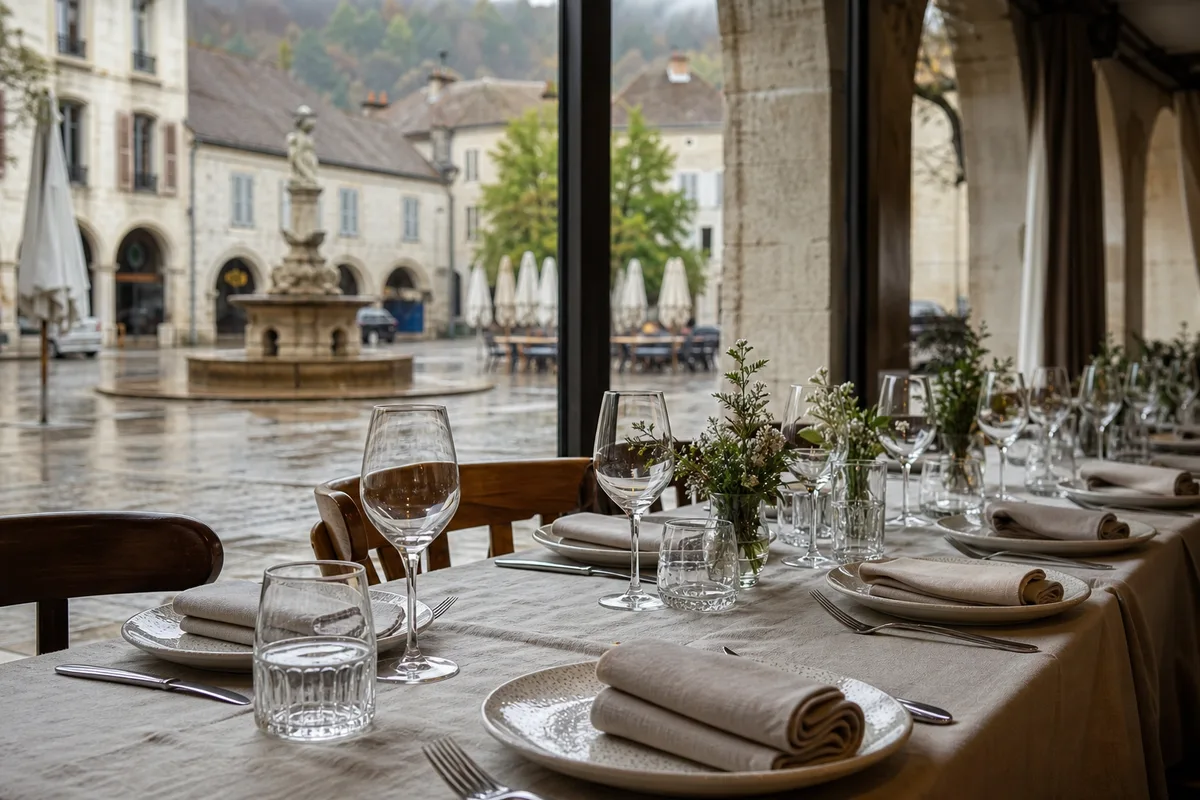 Grande tablée familiale dressée dans une salle de restaurant avant le service du midi