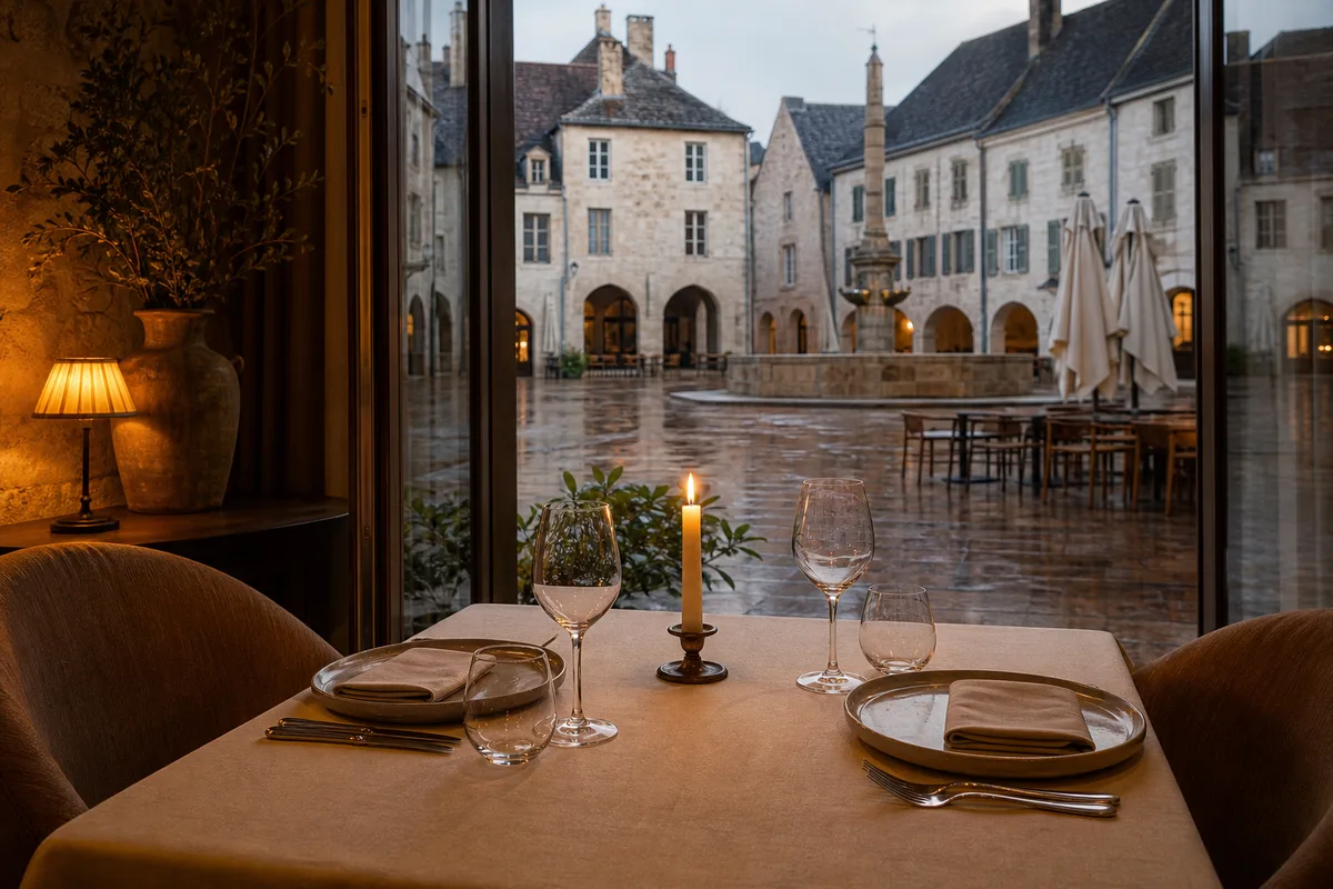 Table dressée pour deux personnes avec bougie et couverts alignés dans une salle de restaurant