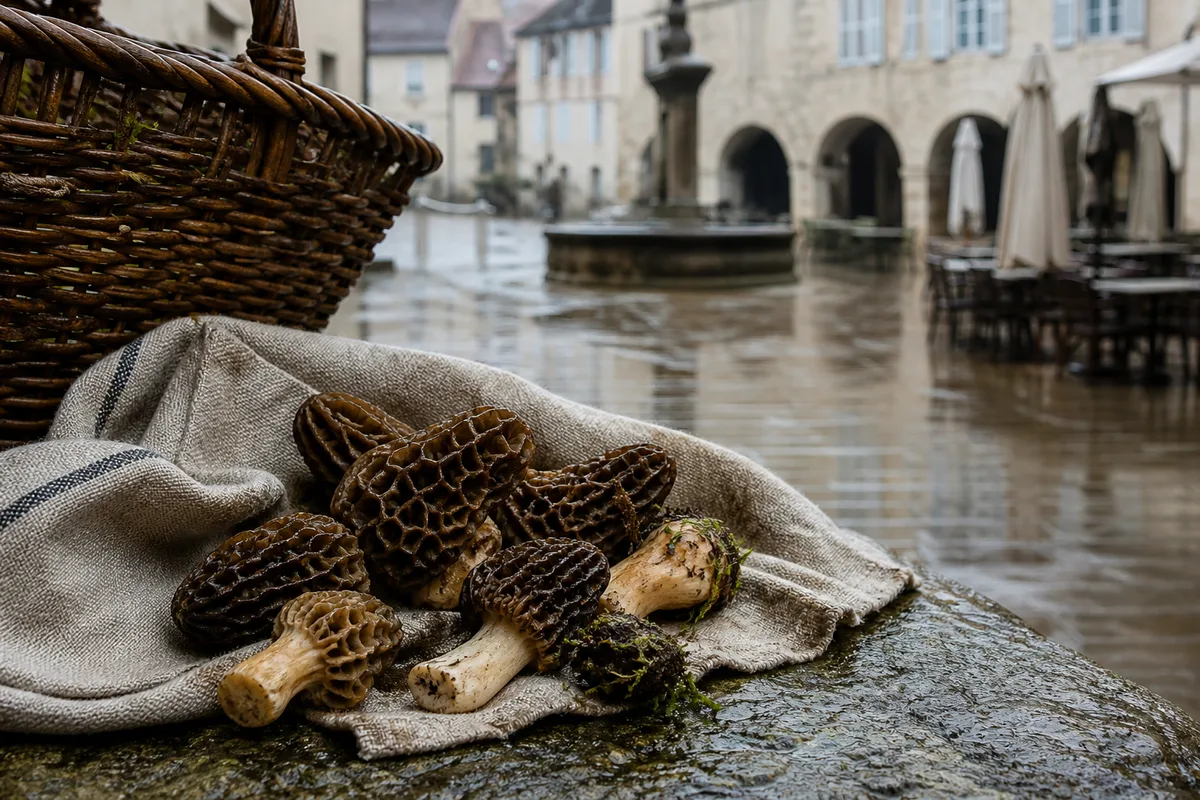 Morilles fraîches posées sur un torchon de lin à côté d&rsquo;un panier de cueillette