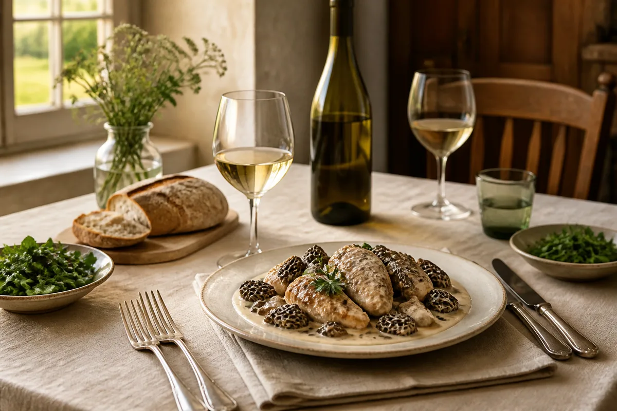 Assiette de volaille nappée d&rsquo;une sauce crémeuse aux morilles et verre de vin blanc jurassien