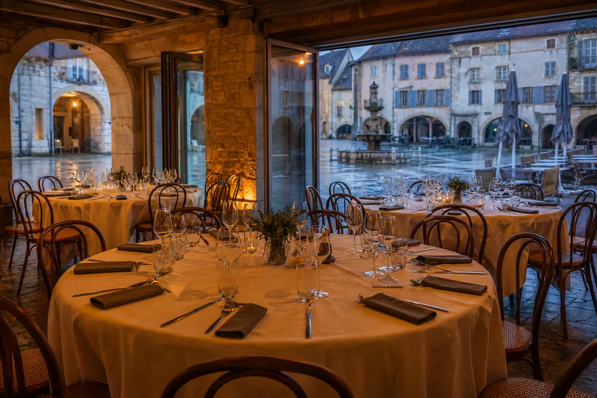 Salle communale préparée avec des tables rondes nappées avant un repas de groupe