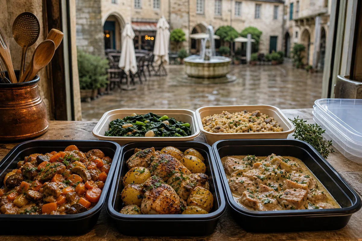 Barquettes de plats cuisinés prêtes à être fermées sur un plan de travail de cuisine