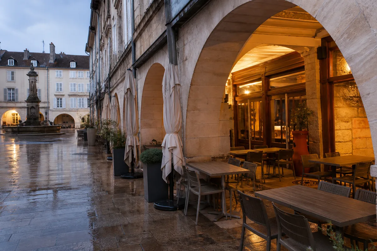 Devanture d&rsquo;un restaurant sous les arcades du centre de Lons-le-Saunier en fin de journée