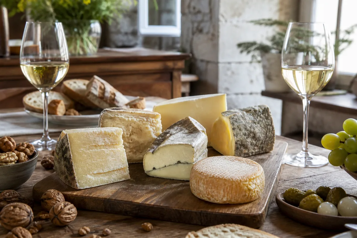 Table dressée avec une planche de fromages du Jura et deux verres de vin blanc