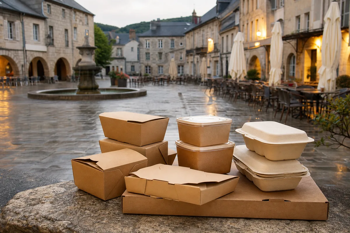 Pile de contenants alimentaires en carton et en pulpe végétale sur un plan de travail